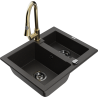 Mexen Carlos 1.5-bowl granite sink with Elia kitchen faucet, black/gold metallic - 6518-75-670101-50-B