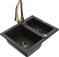 Mexen Carlos 1.5-bowl granite sink with Elia kitchen faucet, black/gold metallic - 6518-75-670101-50-B