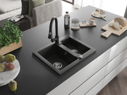 Mexen Carlos 1.5-compartment granite sink with Elia kitchen faucet, black/gold metallic - 6518-75-670101-70