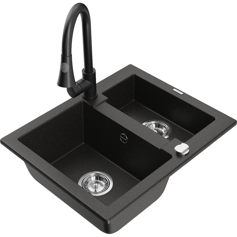 Mexen Carlos 1.5-compartment granite sink with Elia kitchen faucet, black/gold metallic - 6518-75-670101-70