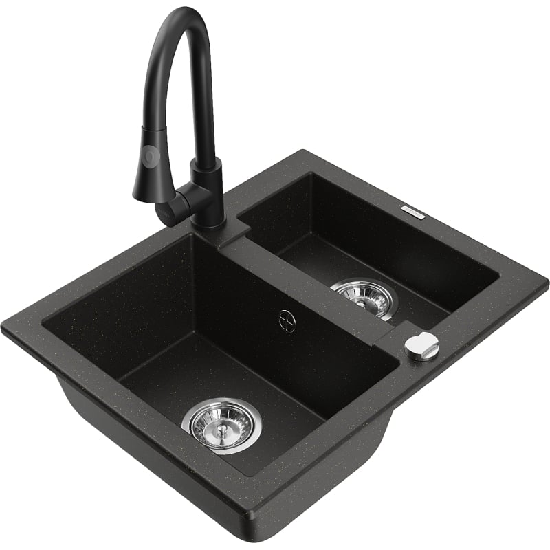Mexen Carlos granite kitchen sink 1.5-bowl with Elia kitchen faucet, black/gold metallic - 6518-75-670101-70