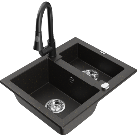Mexen Carlos 1.5-bowl granite sink with Elia kitchen tap, black/gold metallic - 6518-75-670101-70