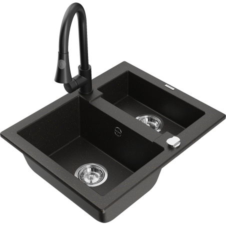 Mexen Carlos 1.5-compartment granite sink with Elia kitchen faucet, black/gold metallic - 6518-75-670101-70