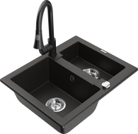 Mexen Carlos 1.5-bowl granite sink with Elia kitchen tap, black/gold metallic - 6518-75-670101-70