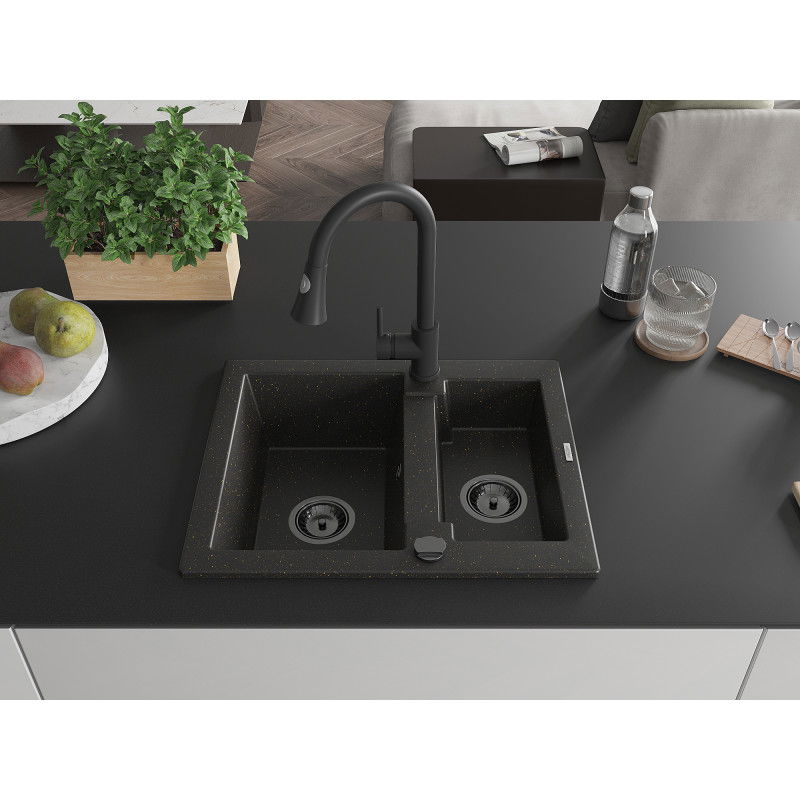 Mexen Carlos granite sink 1.5-bowl with Elia kitchen tap, black/gold metallic - 6518-75-670101-70-B
