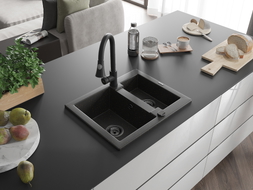 Mexen Carlos 1.5-bowl granite sink with Elia kitchen faucet, black/gold metallic - 6518-75-670101-70-B