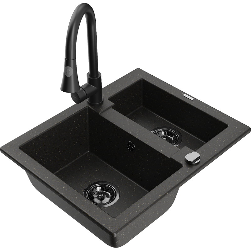 Mexen Carlos 1.5-bowl granite sink with Elia kitchen faucet, black/gold metallic - 6518-75-670101-70-B