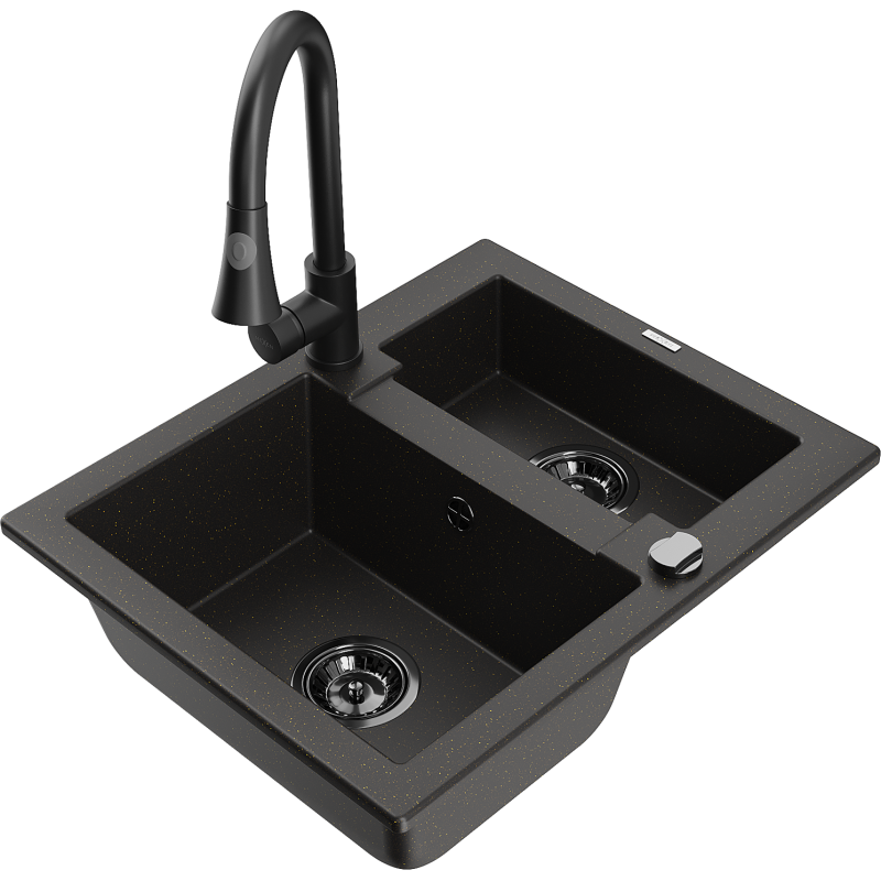 Mexen Carlos 1,5-compartment granite sink with a kitchen mixer tap Elia, Black/Gold metallic - 6518-75-670101-70-B