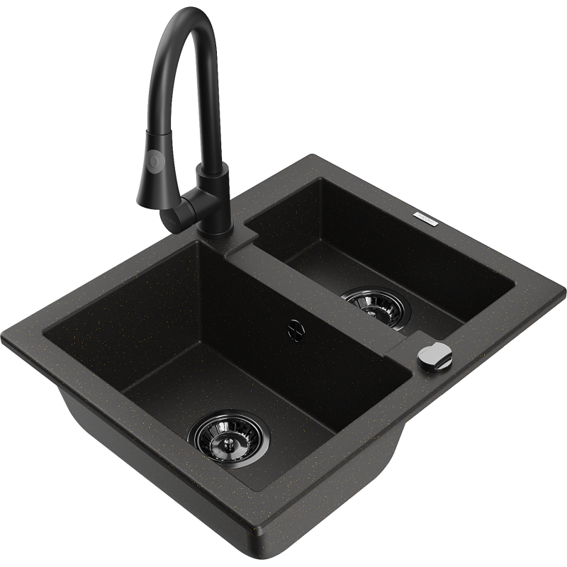 Mexen Carlos granite sink 1.5-bowl with Elia kitchen tap, black/gold metallic - 6518-75-670101-70-B