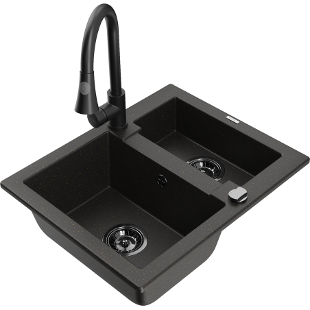 Mexen Carlos granite sink 1.5-bowl with Elia kitchen tap, black/gold metallic - 6518-75-670101-70-B
