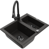 Mexen Carlos 1.5-bowl granite sink with Elia kitchen faucet, black/gold metallic - 6518-75-670101-70-B