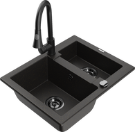 Mexen Carlos granite sink 1.5-bowl with Elia kitchen tap, black/gold metallic - 6518-75-670101-70-B