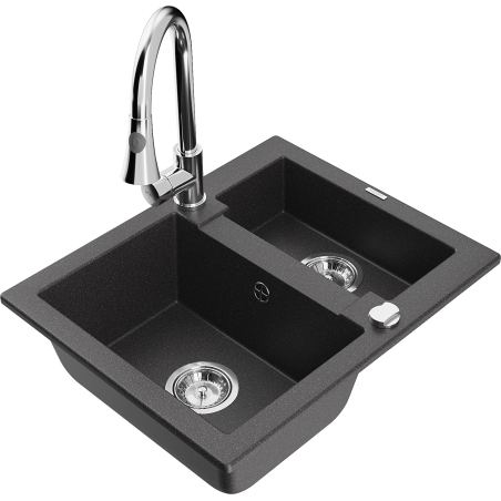 Mexen Carlos 1.5-bowl granite kitchen sink with Elia kitchen faucet, black speckled - 6518-76-670101-00
