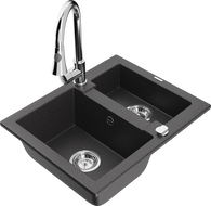 Mexen Carlos 1.5-bowl granite sink with Elia kitchen faucet, black speckled - 6518-76-670101-00