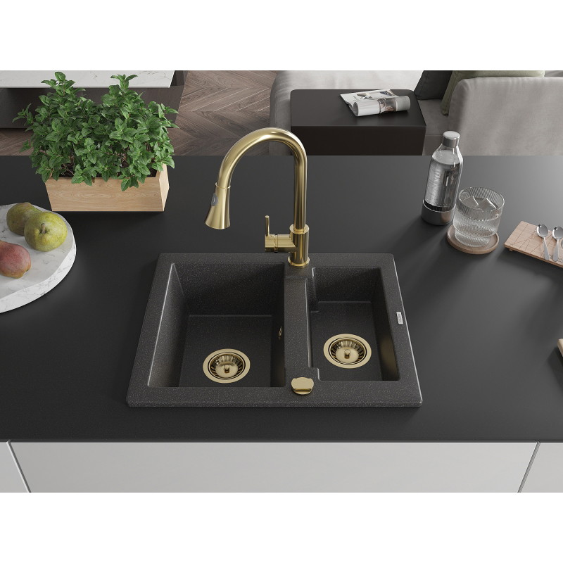Mexen Carlos 1.5-bowl granite sink with Elia kitchen faucet, black speckled - 6518-76-670101-50