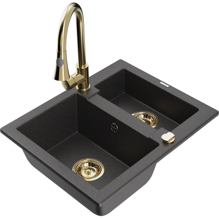 Mexen Carlos 1.5-bowl granite sink with Elia kitchen faucet, black speckled - 6518-76-670101-50
