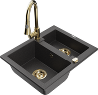 Mexen Carlos 1.5-bowl granite sink with Elia kitchen faucet, black speckled - 6518-76-670101-50