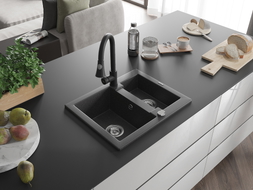 Mexen Carlos granite sink 1.5-bowl with Elia kitchen faucet, black speckled - 6518-76-670101-70
