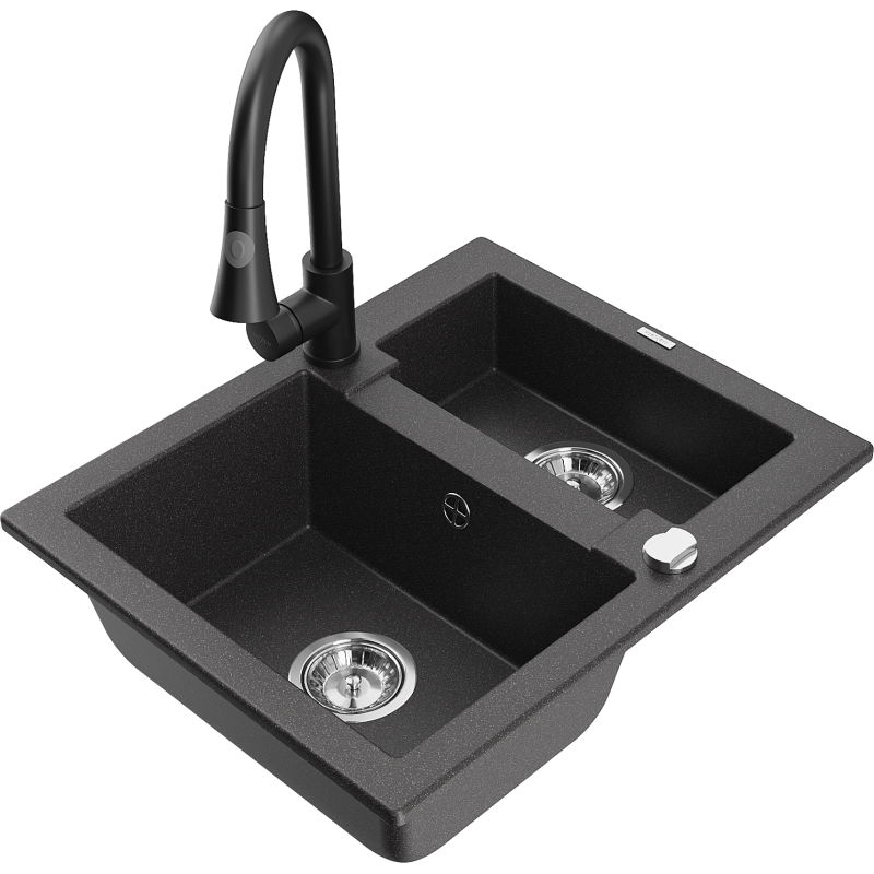 Mexen Carlos granite 1.5-bowl sink with Elia kitchen tap, black speckled - 6518-76-670101-70
