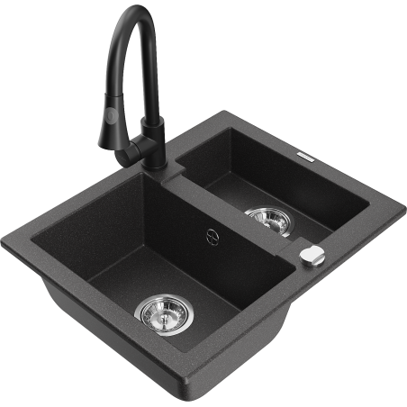 Mexen Carlos 1.5-bowl granite sink with Elia kitchen faucet, speckled black - 6518-76-670101-70