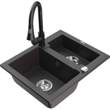 Mexen Carlos granite 1.5-bowl sink with Elia kitchen tap, black speckled - 6518-76-670101-70