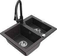 Mexen Carlos granite sink 1.5-bowl with Elia kitchen faucet, black speckled - 6518-76-670101-70