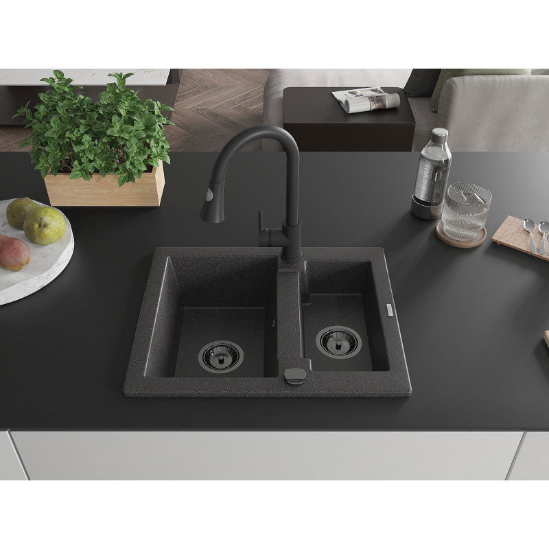 Mexen Carlos granite sink 1.5-bowl with Elia kitchen tap, black speckled - 6518-76-670101-70-B