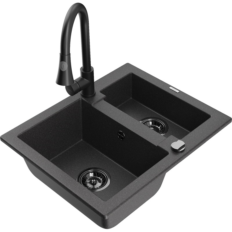 Mexen Carlos 1.5-bowl granite sink with Elia kitchen faucet, black speckled - 6518-76-670101-70-B