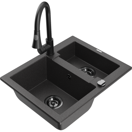 Mexen Carlos granite sink 1.5-bowl with Elia kitchen tap, black speckled - 6518-76-670101-70-B