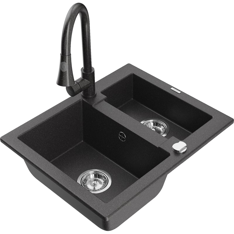 Mexen Carlos 1.5-bowl granite sink with Elia kitchen faucet, speckled black - 6518-76-670101-76