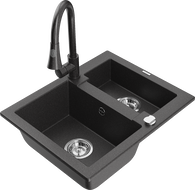 Mexen Carlos 1.5-bowl granite sink with Elia kitchen faucet, speckled black - 6518-76-670101-76