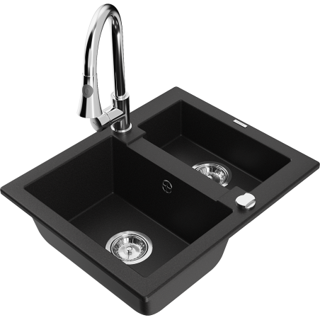 Mexen Carlos 1.5-bowl granite sink with Elia kitchen faucet, black - 6518-77-670101-00