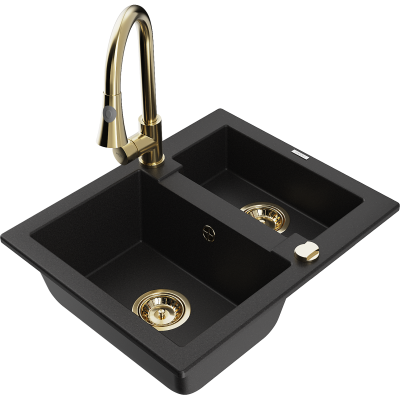 Mexen Carlos granite sink 1.5-bowl with Elia kitchen tap, black - 6518-77-670101-50