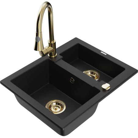Mexen Carlos 1.5-bowl granite sink with Elia kitchen faucet, black - 6518-77-670101-50