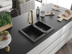 Mexen Carlos 1.5-bowl granite sink with Elia kitchen faucet, black - 6518-77-670101-50-B