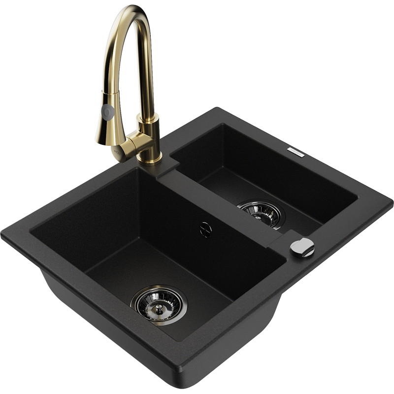 Mexen Carlos 1.5-bowl granite sink with kitchen faucet Elia, black - 6518-77-670101-50-B