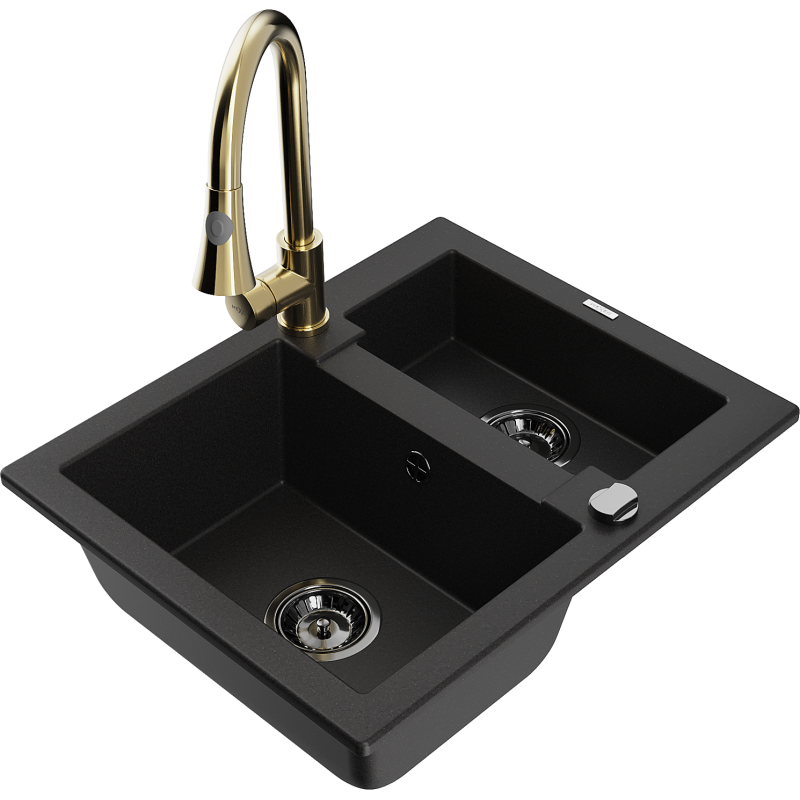 Mexen Carlos granite sink 1.5-bowl with Elia kitchen tap, black - 6518-77-670101-50-B