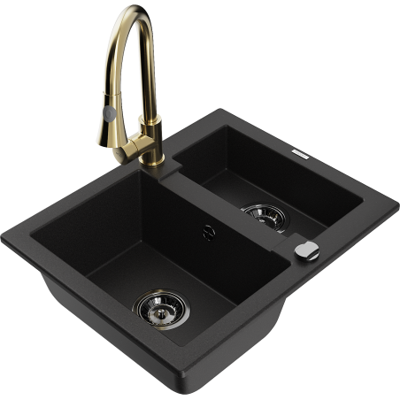 Mexen Carlos 1.5-bowl granite sink with Elia kitchen faucet, black - 6518-77-670101-50-B