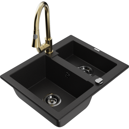 Mexen Carlos granite sink 1.5-bowl with Elia kitchen tap, black - 6518-77-670101-50-B
