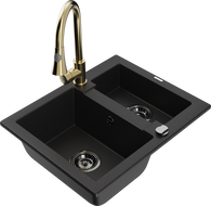 Mexen Carlos 1.5-bowl granite sink with Elia kitchen faucet, black - 6518-77-670101-50-B