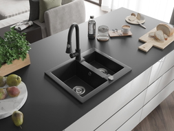 Mexen Carlos granite sink 1.5-bowl with Elia kitchen faucet, black - 6518-77-670101-70