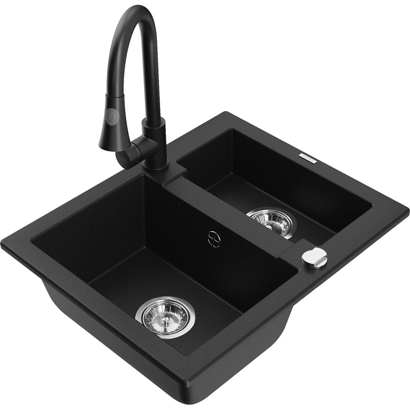 Mexen Carlos granite sink 1.5-bowl with Elia kitchen faucet, black - 6518-77-670101-70
