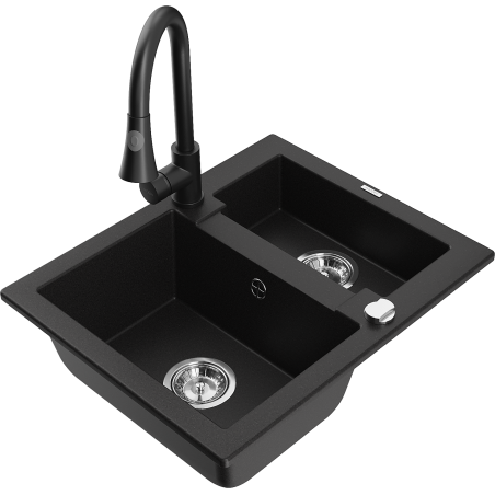 Mexen Carlos granite sink 1.5-bowl with Elia kitchen faucet, black - 6518-77-670101-70
