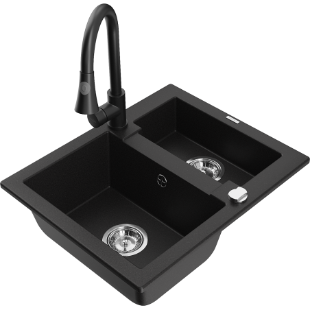 Mexen Carlos granite sink 1.5-bowl with Elia kitchen tap, black - 6518-77-670101-70