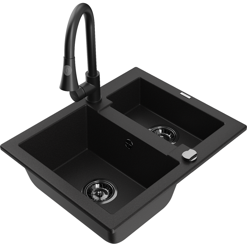 Mexen Carlos 1,5-compartment granite sink with a kitchen mixer tap Elia, Black - 6518-77-670101-70-B