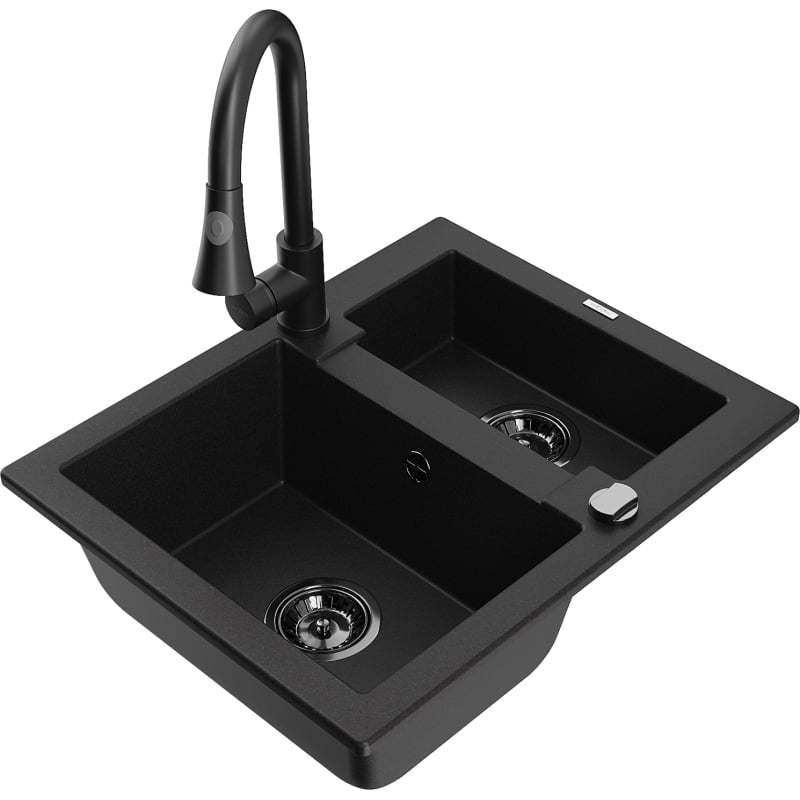 Mexen Carlos granite sink 1.5-bowl with Elia kitchen faucet, black - 6518-77-670101-70-B