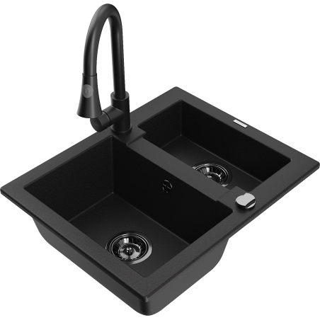 Mexen Carlos granite sink 1.5-bowl with Elia kitchen tap, black - 6518-77-670101-70-B