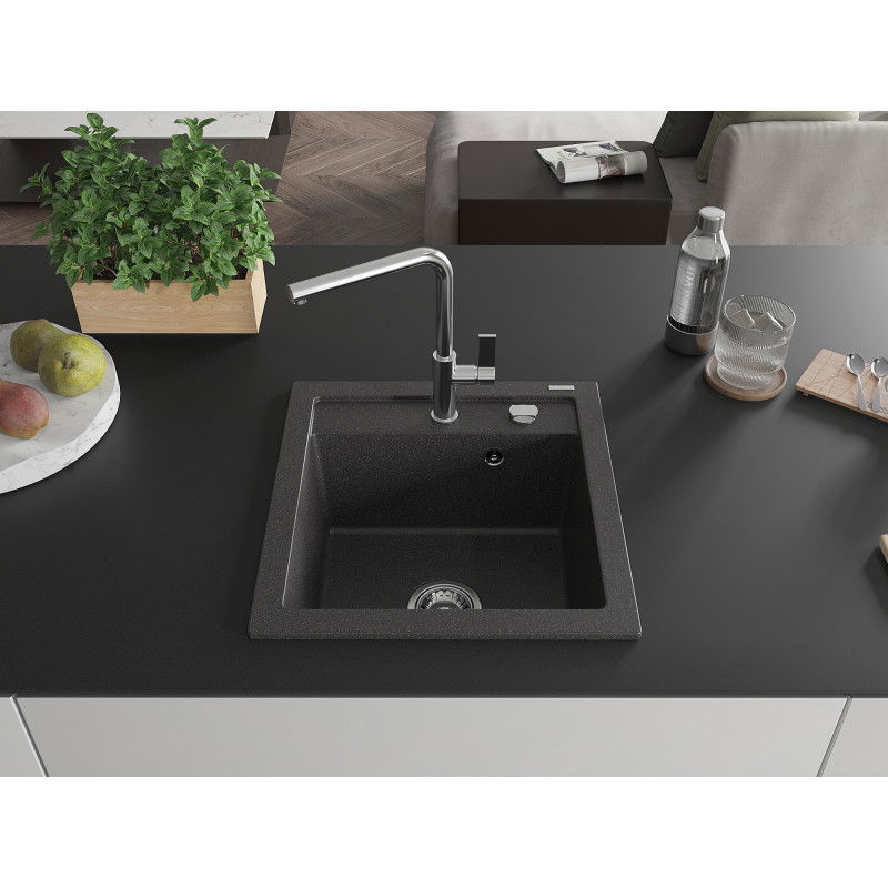Mexen Vito 1-bowl granite sink with Flora kitchen tap, black speckled - 6503-76-670401-00