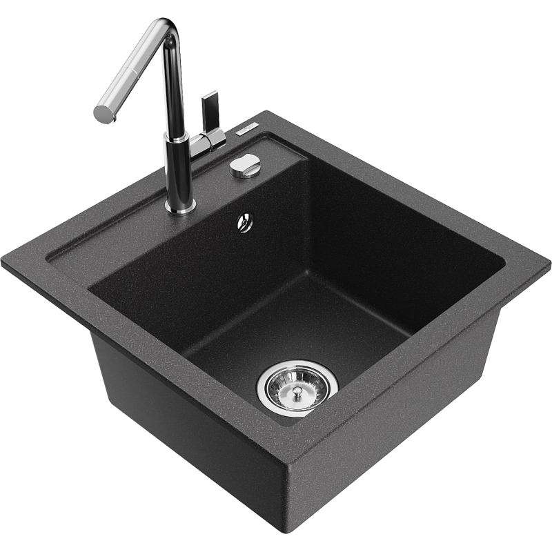 Mexen Vito 1-bowl granite sink with Flora kitchen tap, black speckled - 6503-76-670401-00