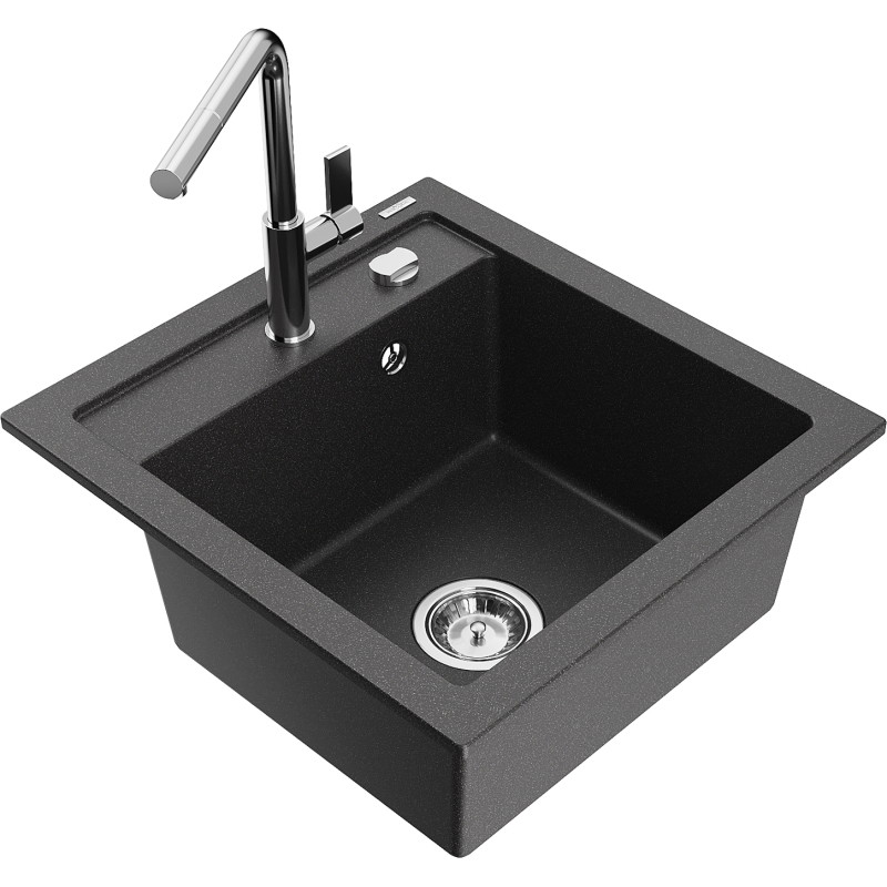 Mexen Vito granite single-bowl kitchen sink with Flora faucet, black speckled - 6503-76-670401-00
